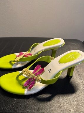Lime Green Beaded Butterfly Heel Sandals - Women